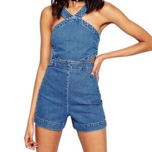 ASOS Denim Romper Women Sz 8 Cut Out Cottage Western Festival Country Preppy Y2K